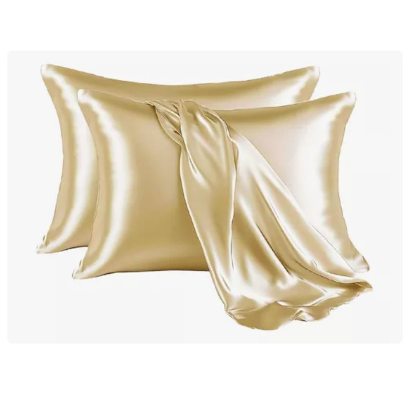 INNOVA - 2 Almohadas Blancas Con Fundas Satín Seda Dorada Anti Friz Acolchada