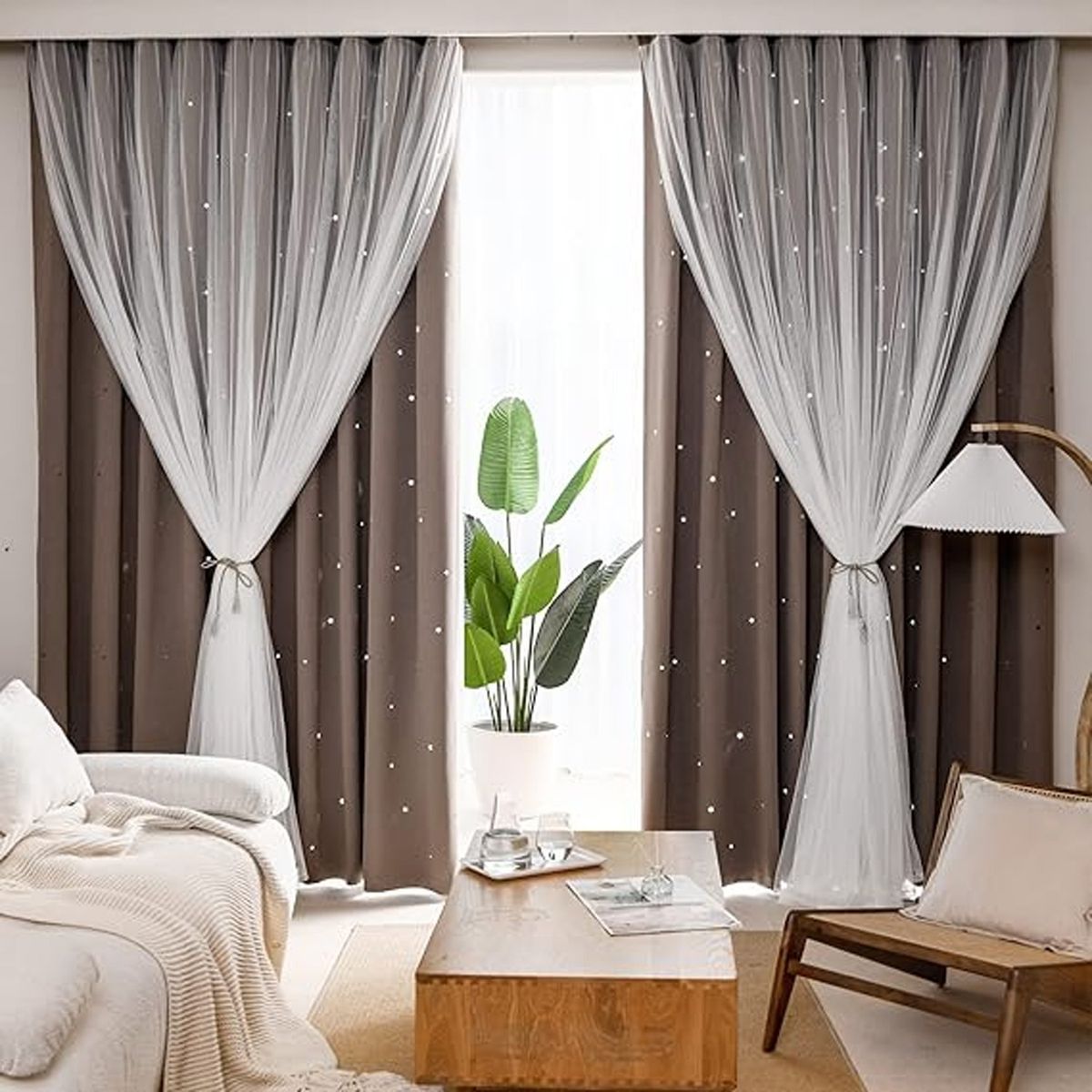 ONE PIXEL - Cortina Blackout Para Ventana Chocolate Con Diseño Y Velo X2