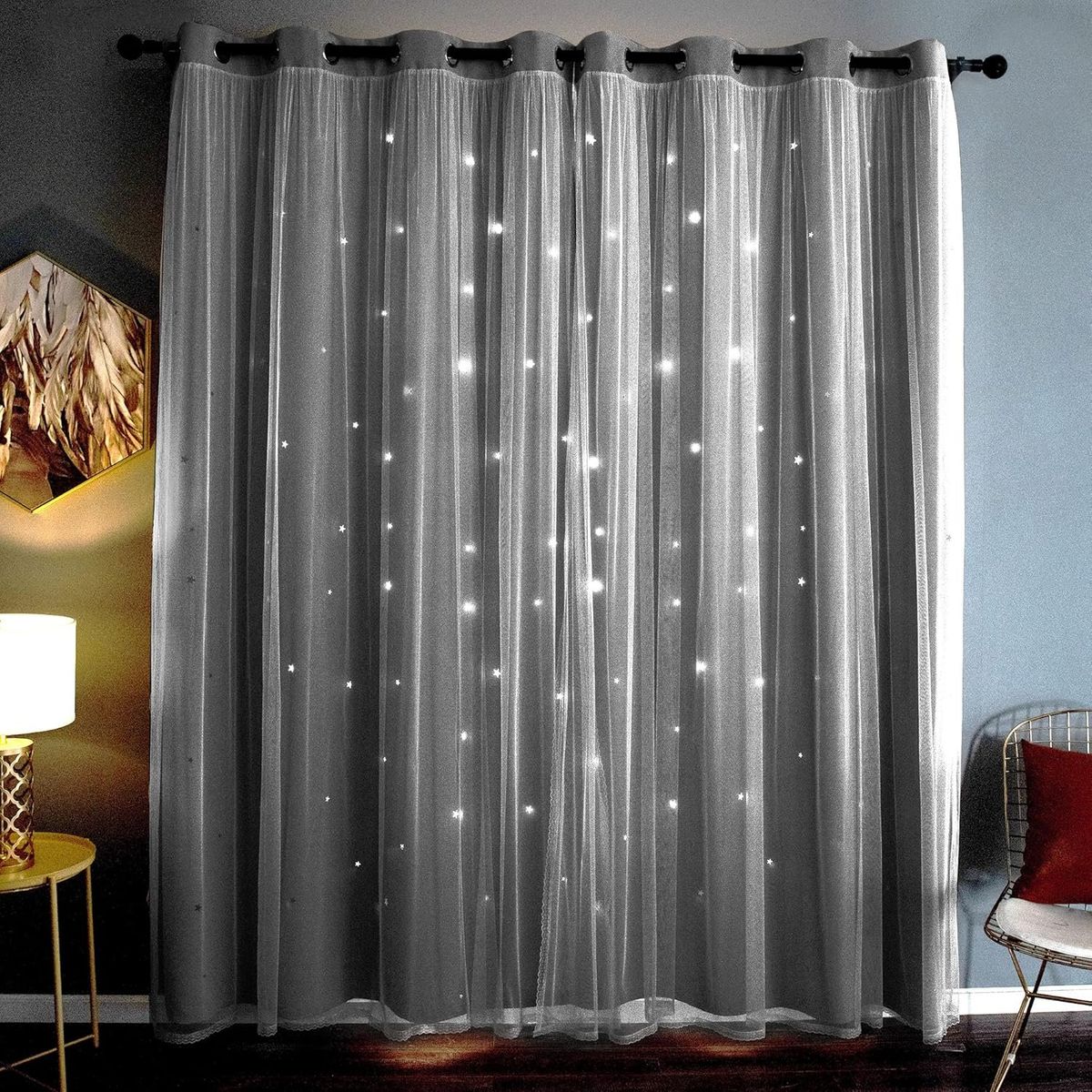 ONE PIXEL - Cortina Blackout Para Ventana Gris Con Diseño Y Velo
