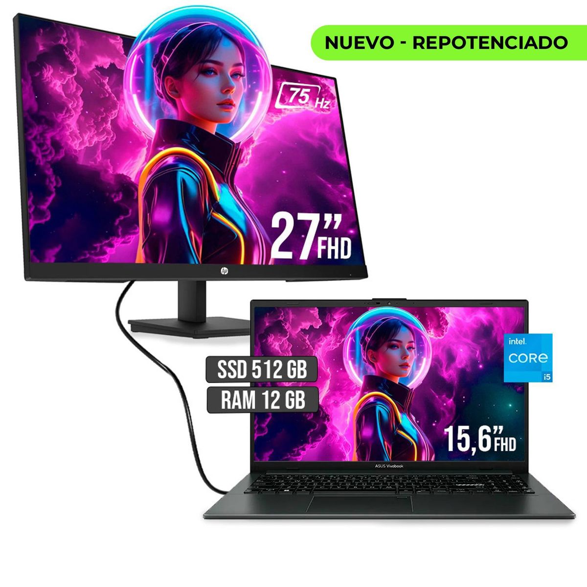 ASUS - PORTATIL ASUS INTEL CORE I5 12500H SSD 512GB RAM 12GB LED 15,6 + MONITOR HP 27" FHD