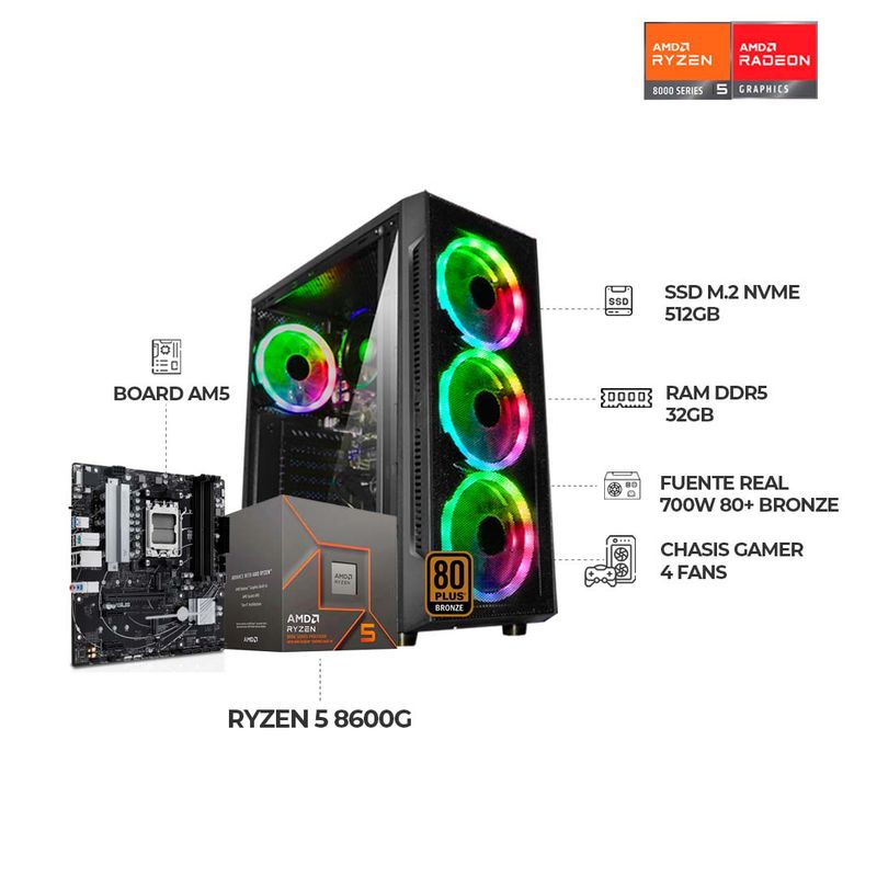 AMD - PC GAMER R5 8600G - BOARD A620 o B650 - SSD 512GB - 32GB RAM DDR5 - Chasis 4FANS