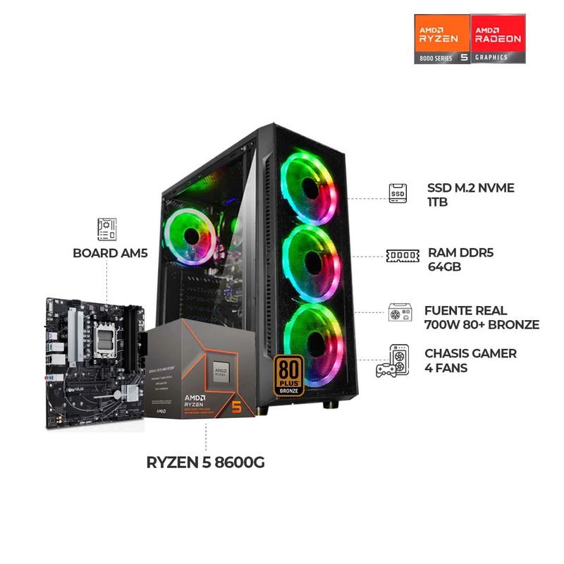 AMD - PC GAMER R5 8600G - BOARD A620 - SSD 1TB - 64GB RAM DDR5 - Chasis 4FANS