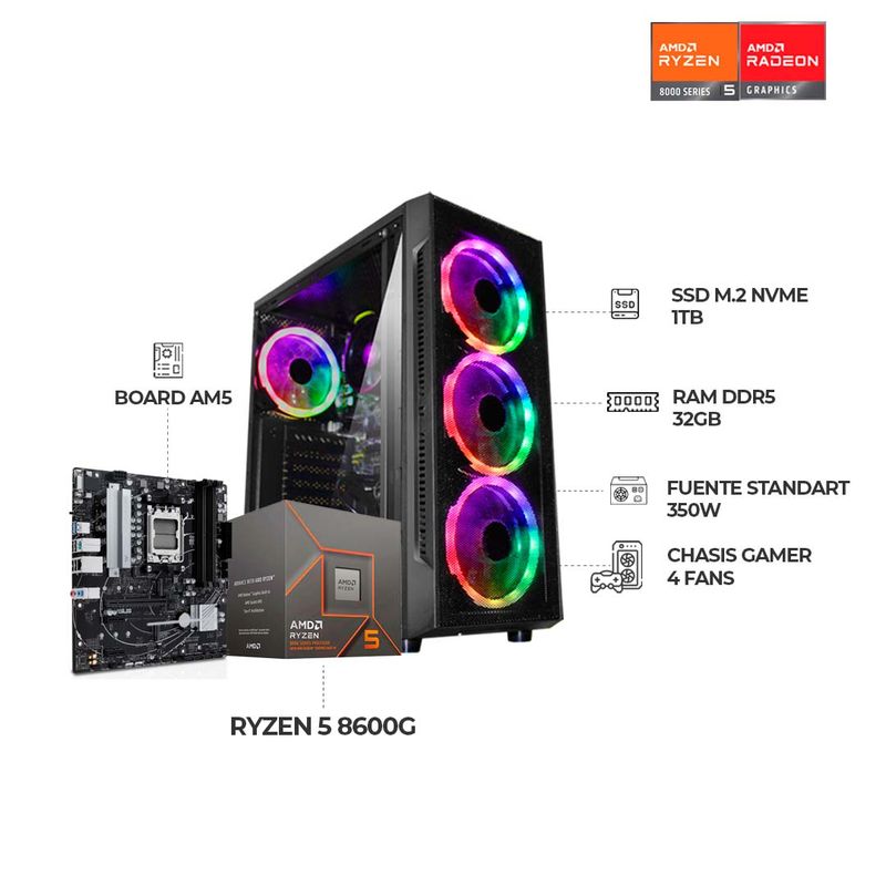AMD - PC GAMER R5 8600G - BOARD A620 o B650 - SSD 1TB - 32GB RAM DDR5 - Chasis 4FANS