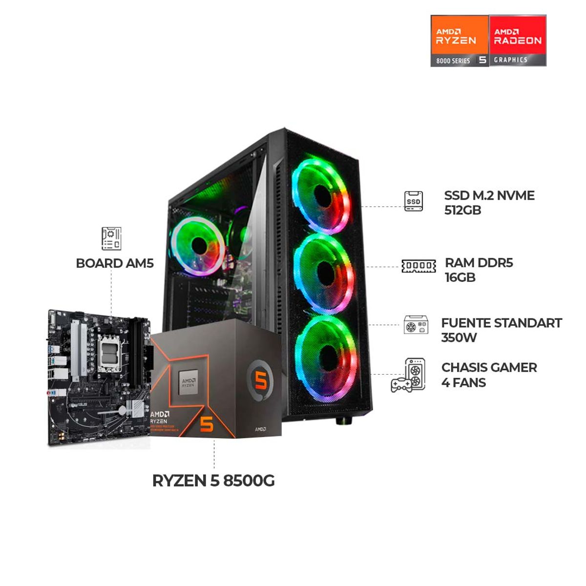 AMD - PC GAMER R5 8500G - BOARD A620 - SSD 512GB - 16GB RAM DDR5 - Chasis 4FANS