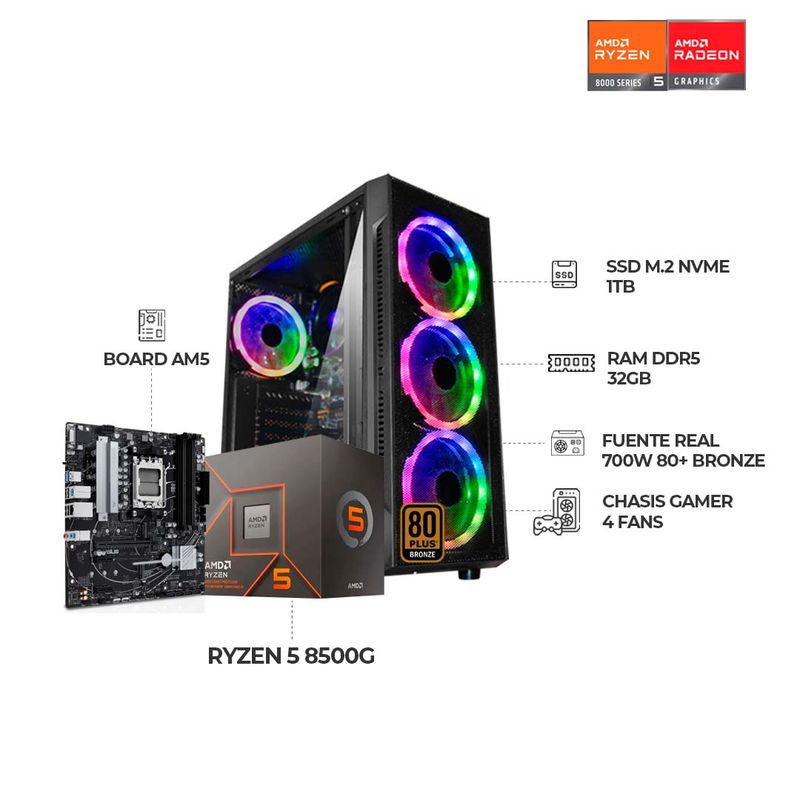AMD - PC GAMER RYZEN 5 8500G - BOARD A620 - SSD 1TB - 32GB RAM DDR5 - Chasis 4FANS