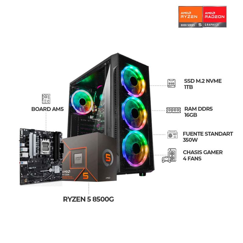 AMD - PC GAMER R5 8500G - BOARD A620 - SSD 1TB - 16GB RAM DDR5 - Chasis 4FANS