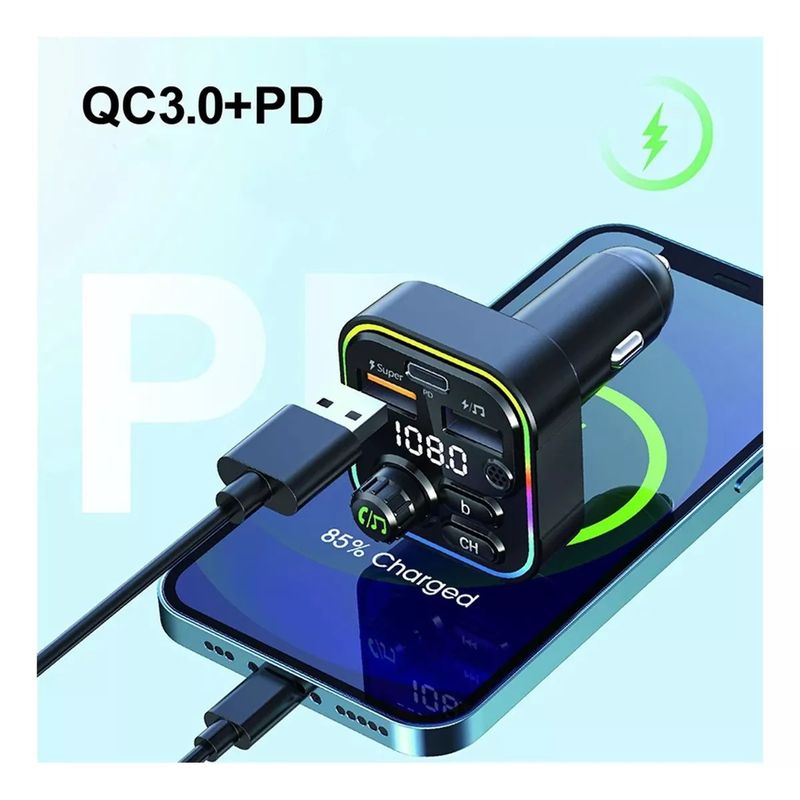 GENERICO - Transmisor Fm Carro Bluetooth 5.0, 2 Pto Usb + 1 Puerto C