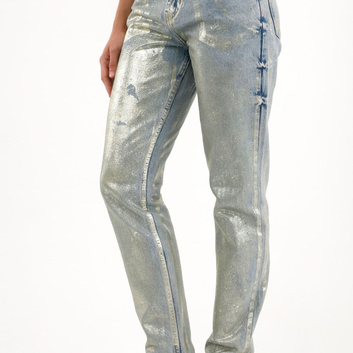 TENNIS - Jean Mom tiro alto efecto foil dorado para mujer