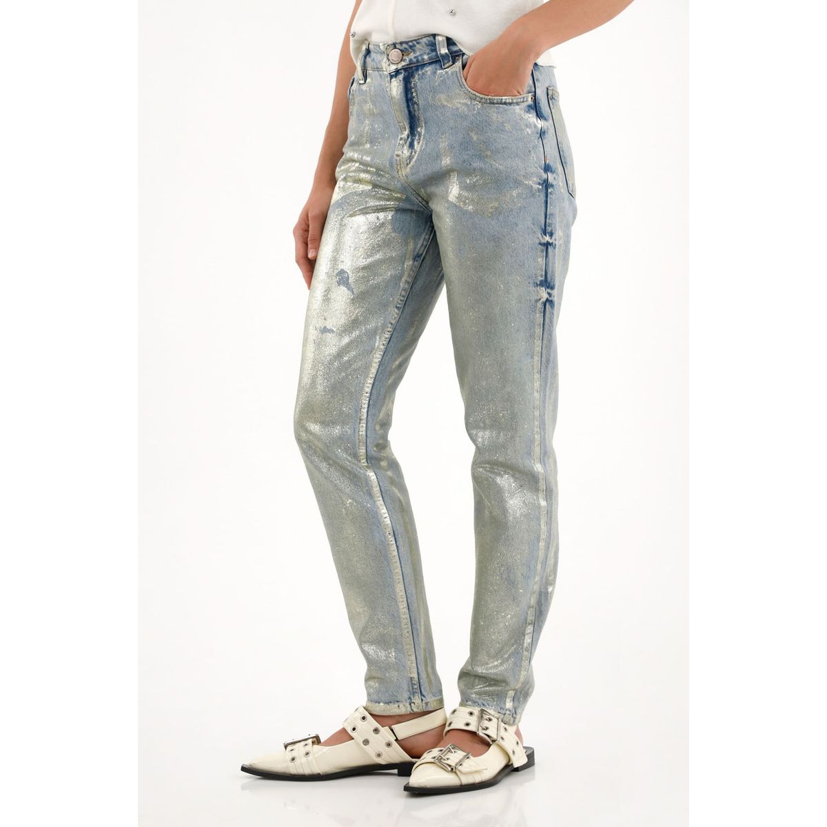 TENNIS - Jean Mom tiro alto efecto foil dorado para mujer