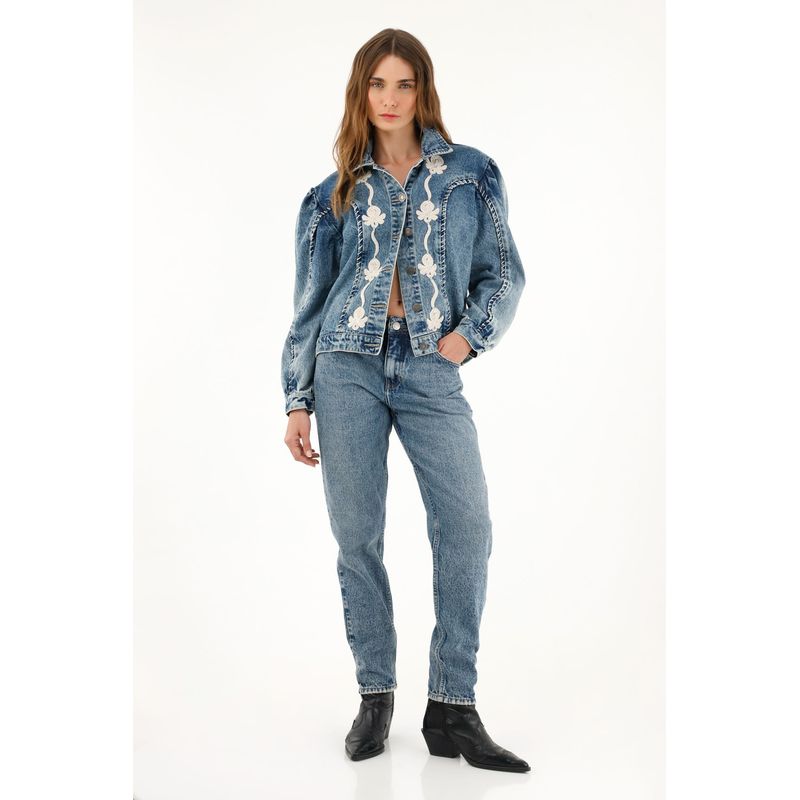 TENNIS - Jean Mom azul tiro alto para mujer