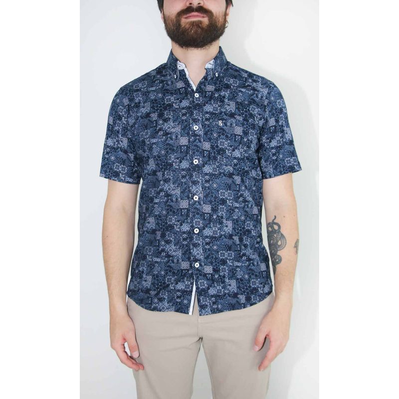 L Y H - Camisa Para Hombre Manga Corta Azul Marca L&H