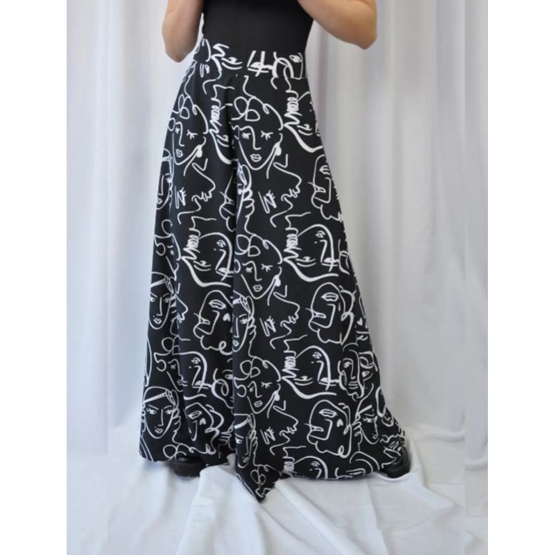 MOLGOA - Pantalón Estampado Tipo Palazzo Tiro Alto - Praga Negro