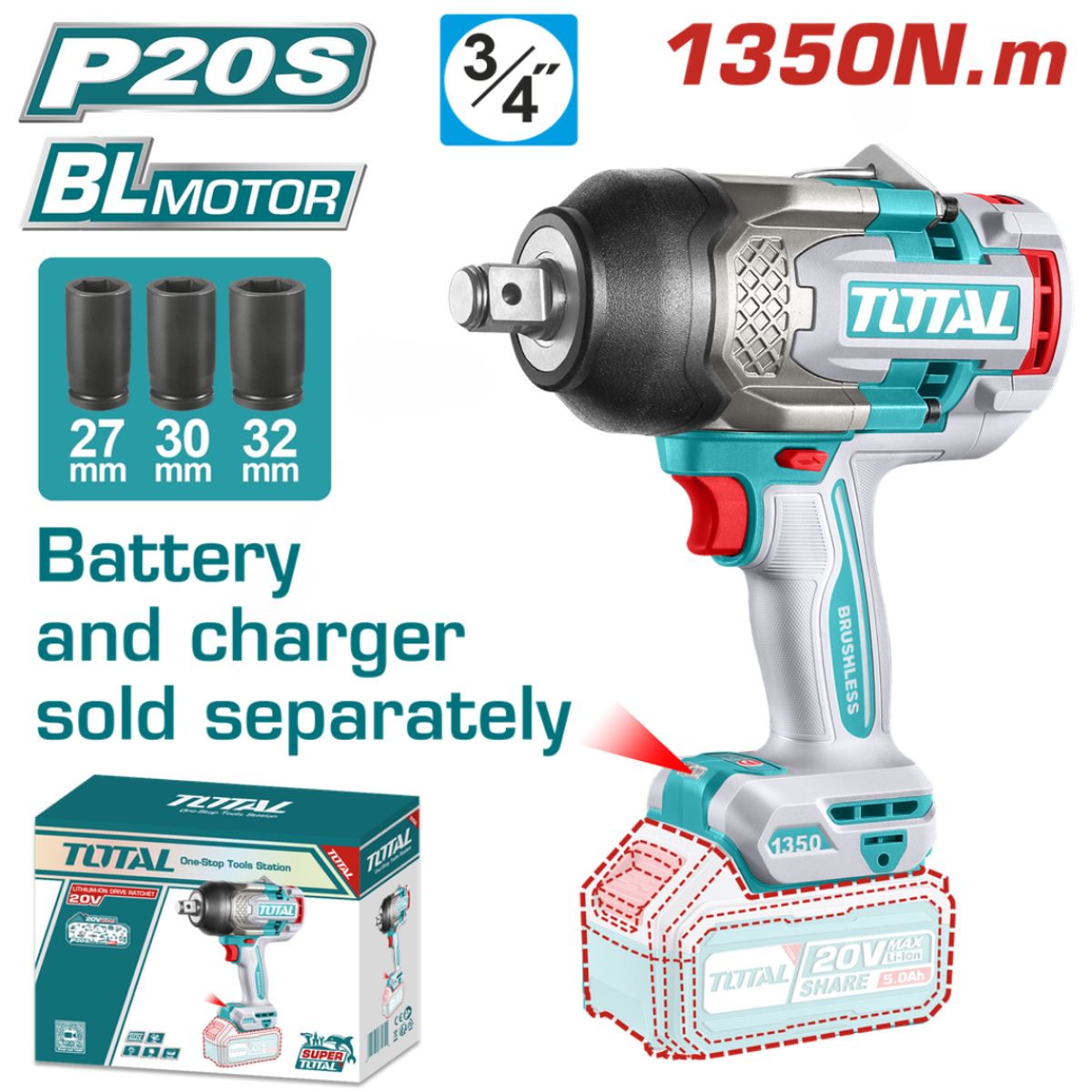 TOTAL - Pistola Impacto 34 20v 1350nm Sin Bat Ni Carg Total