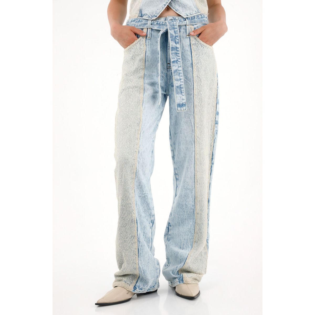 TENNIS - Jean Wide Leg con detalle de malla y brillo para mujer