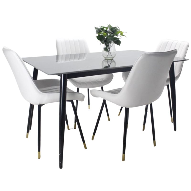 AKIVOY - Comedor Genova en Marmol Negro 4 Puestos Silla Blanca