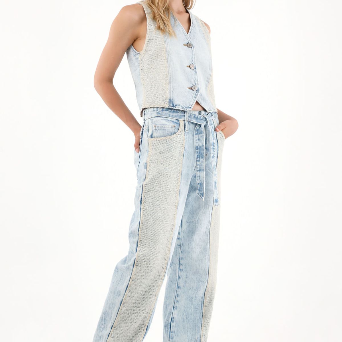 TENNIS - Jean Wide Leg con detalle de malla y brillo para mujer