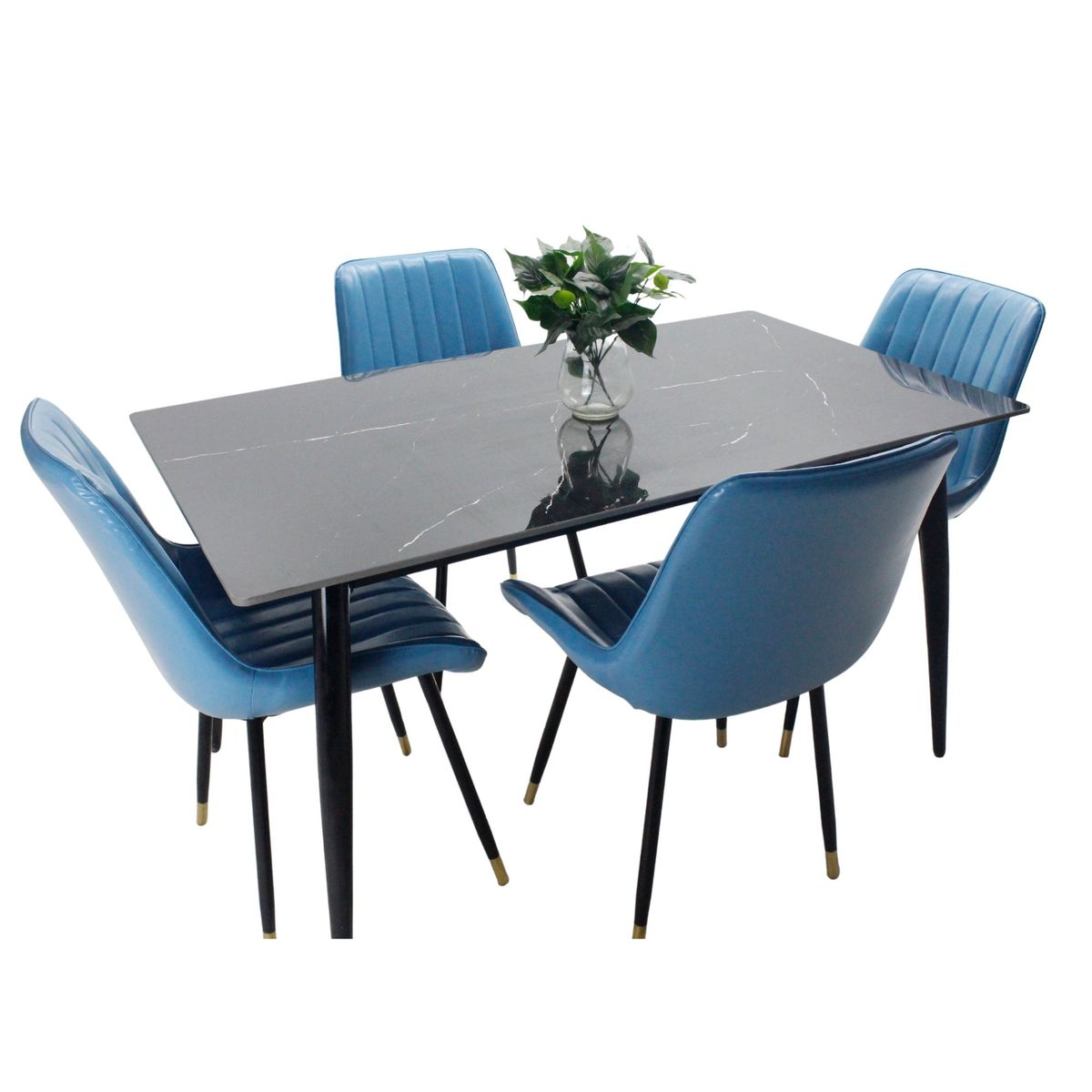 AKIVOY - Comedor Genova en Marmol Negro 4 Puestos Silla Azul