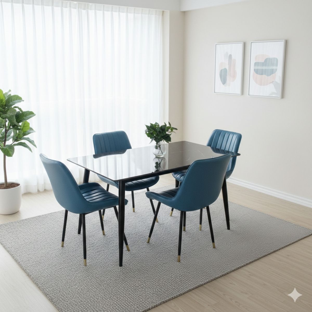 AKIVOY - Comedor Genova en Marmol Negro 4 Puestos Silla Azul