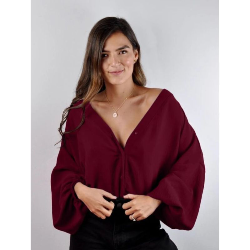 MOLGOA - Blusa para Mujer Cocoa Escote V Manga Larga Bombacha Ocaso Vino