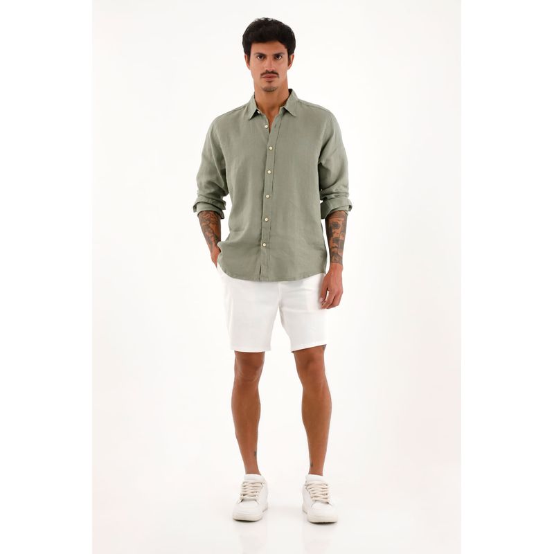 TENNIS - Camisa verde manga larga en lino 100% para hombre