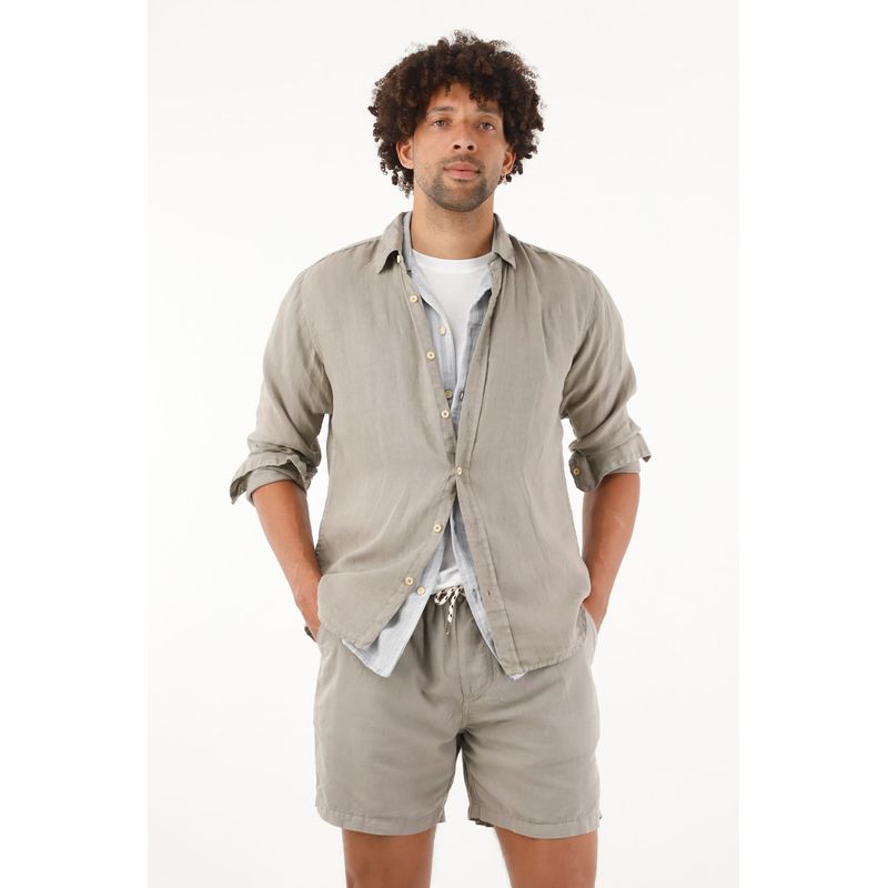 TENNIS - Camisa gris manga larga en lino 100% para hombre