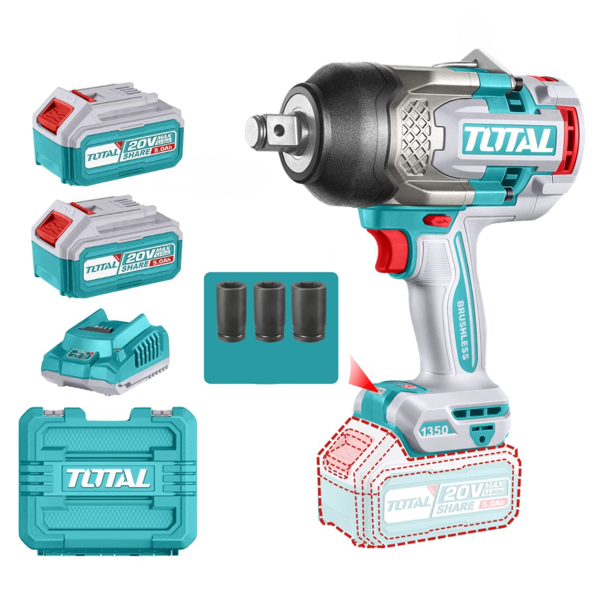 TOTAL - Pistola Impacto 3/4 1350nm + 2 Bat 5ah+ Carg Idustrial Total