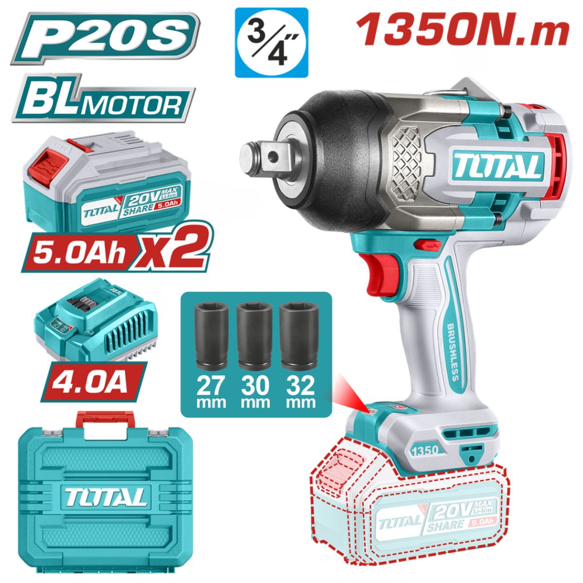TOTAL - Pistola Impacto 3/4 1350nm + 2 Bat 5ah+ Carg Idustrial Total
