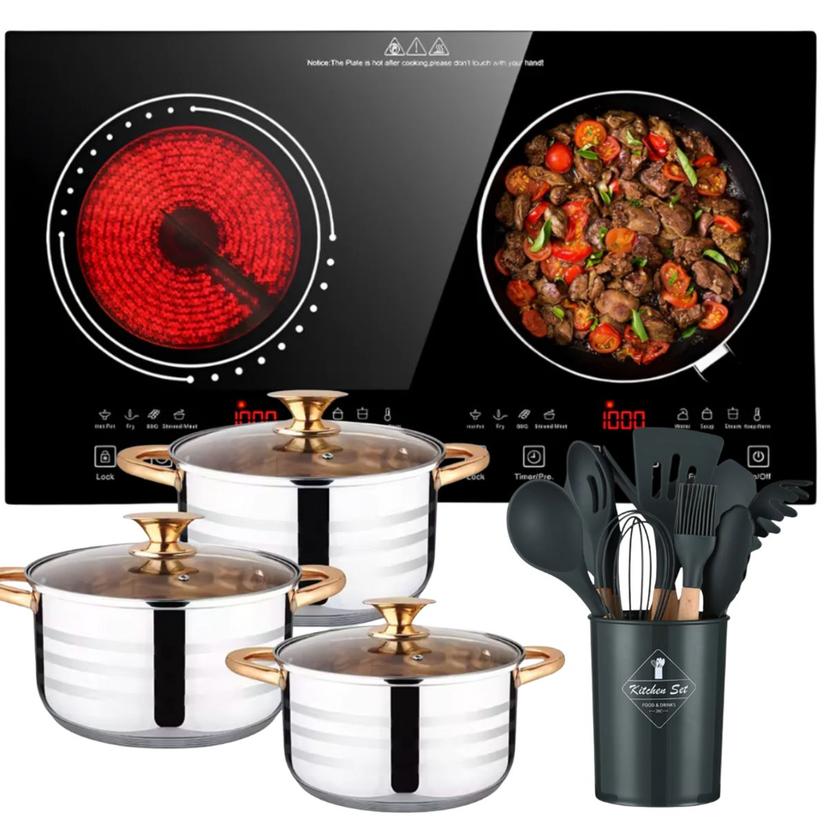 RENAHOUSE - Estufa Inducción 2000w Digital + Bateria Cocina Y Utensilios