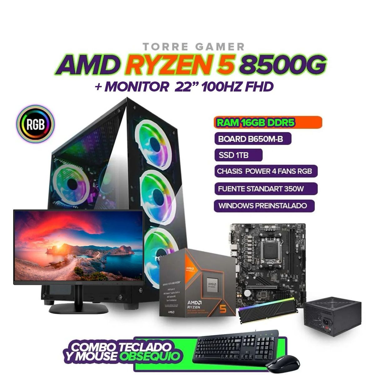 AMD - PC Gamer Ryzen 5 8500G / B650M / Ram 16GB / SSD 1TB / 350W / Monitor 22" FHD
