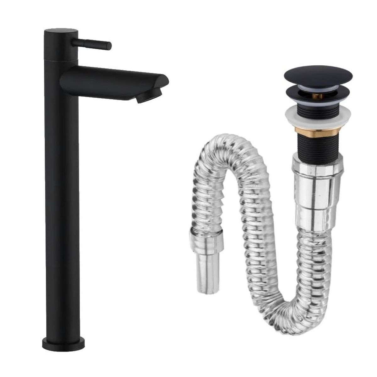 GENERICO - Kit Grifería Lavamanos Agua Fría Negro Inox+desague Flexible