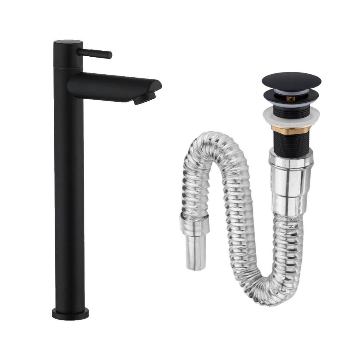 GENERICO - Kit Grifería Lavamanos Agua Fría Negro Inox+desague Flexible