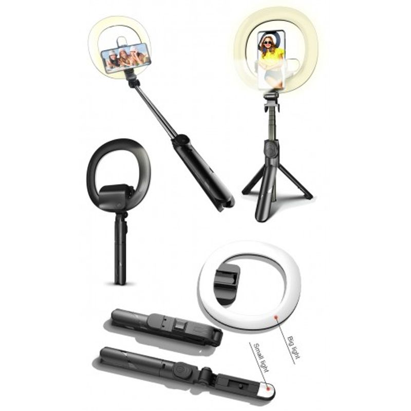 GENERICO - tripode y selfie Stick con aro de luz y Bluettooth
