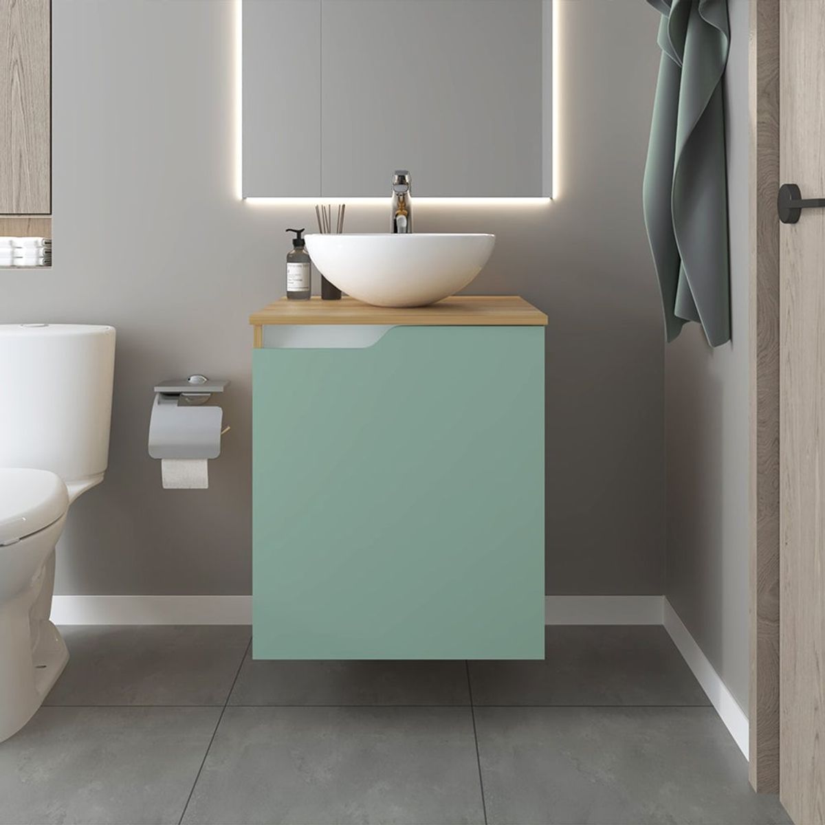 RTA DESIGN - Mueble Para Lavamanos Mice Agave y Fresno Europeo Incluye Lavamanos Corona en Porcelana Sanitaria