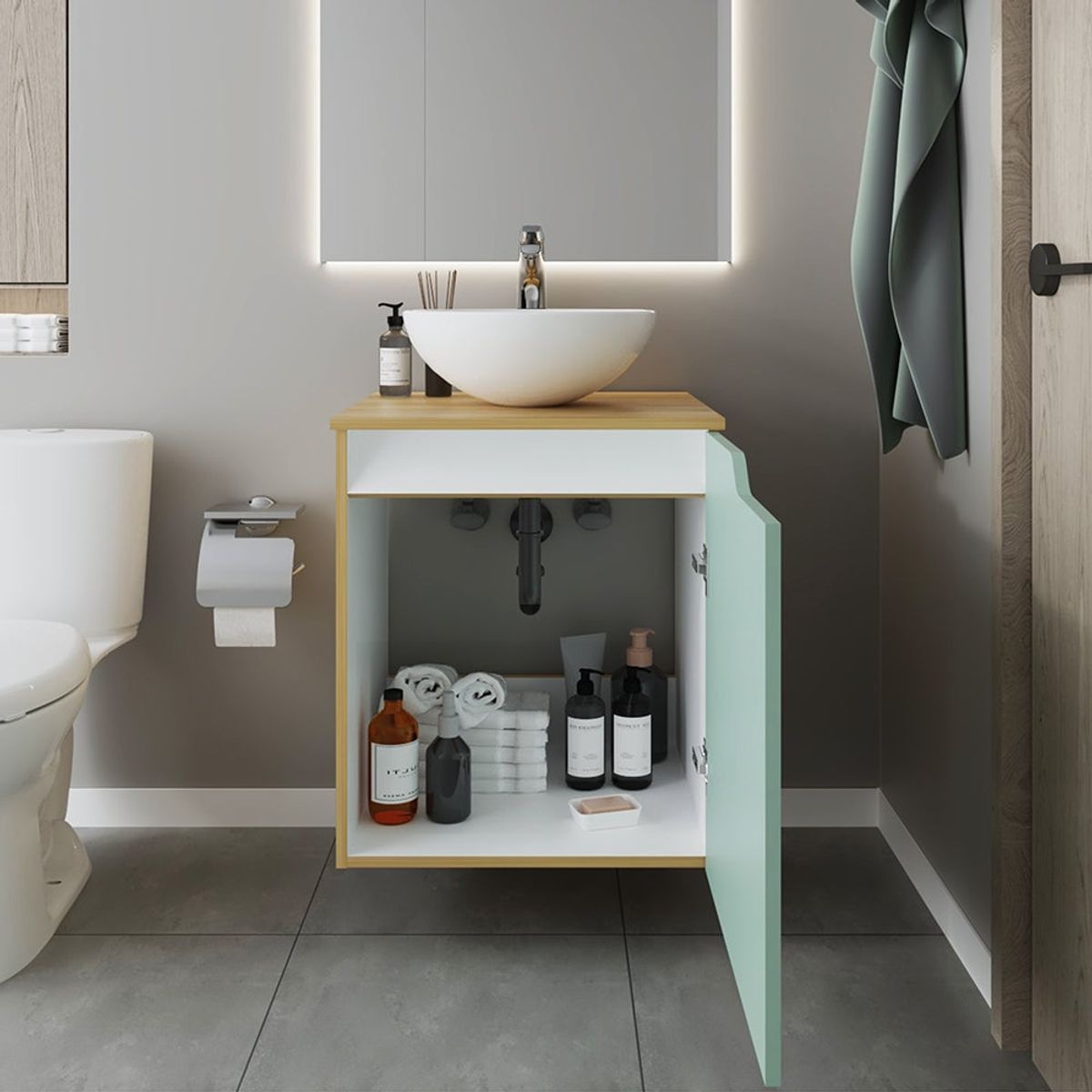 RTA DESIGN - Mueble Para Lavamanos Mice Agave y Fresno Europeo Incluye Lavamanos Corona en Porcelana Sanitaria