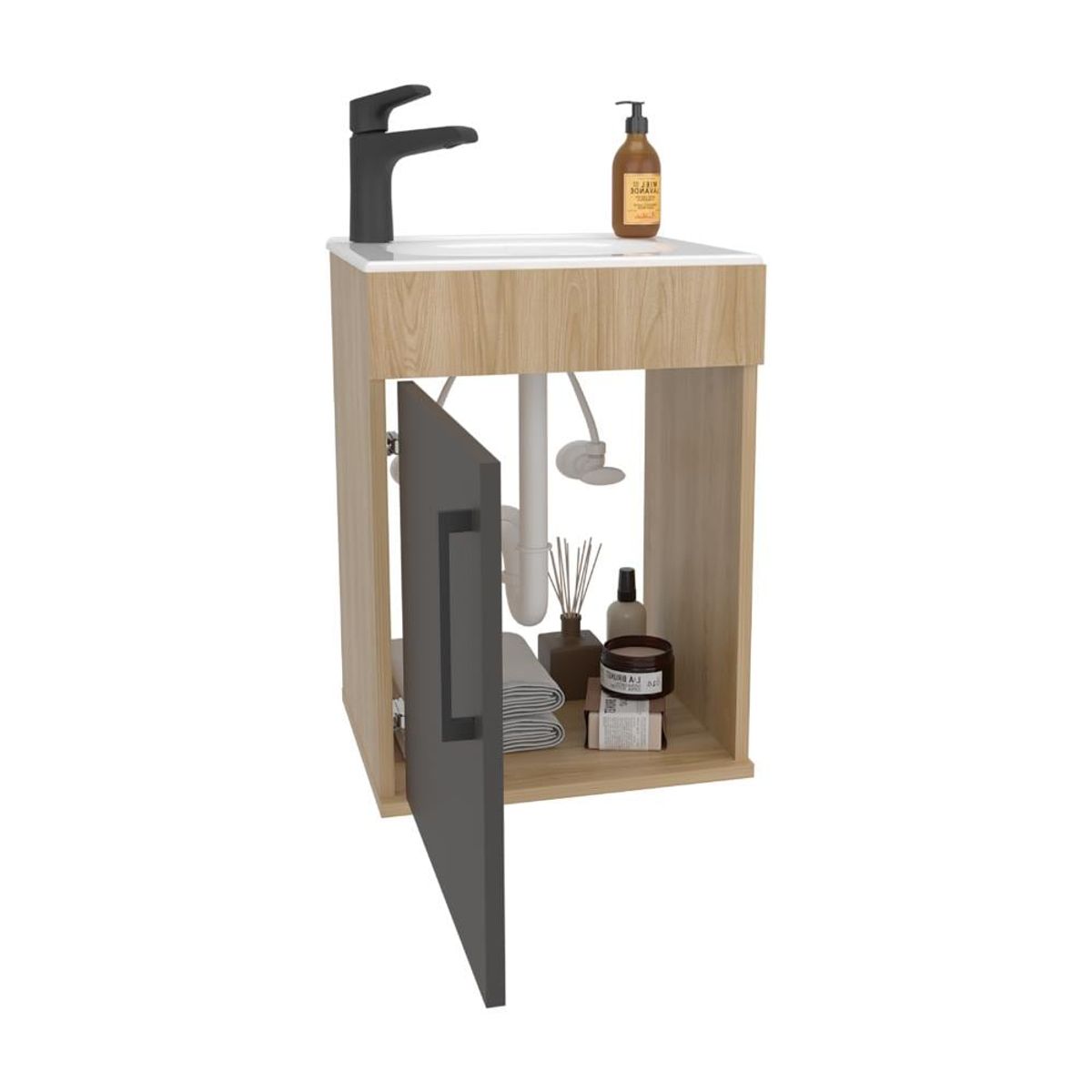 RTA DESIGN - Mueble Lavamanos Oxford Fresno europeo y Plata Oscuro Incluye Lavamanos 40cm