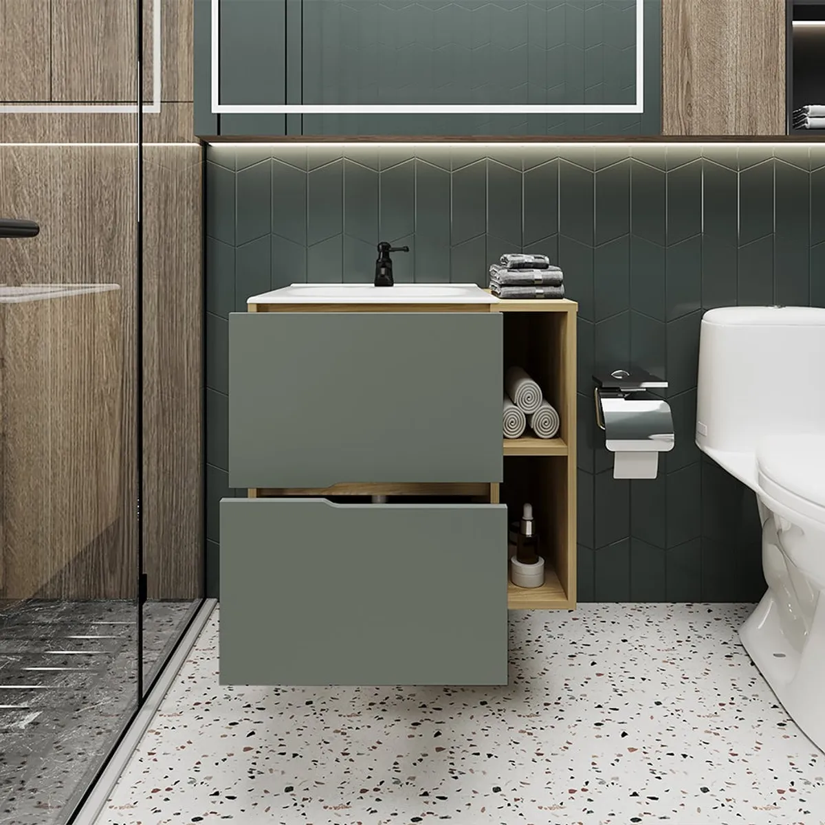 RTA DESIGN - Mueble Para Lavamanos Camen Agave y Fresno Europeo Incluye Lavamanos Corona en Porcelana Sanitaria