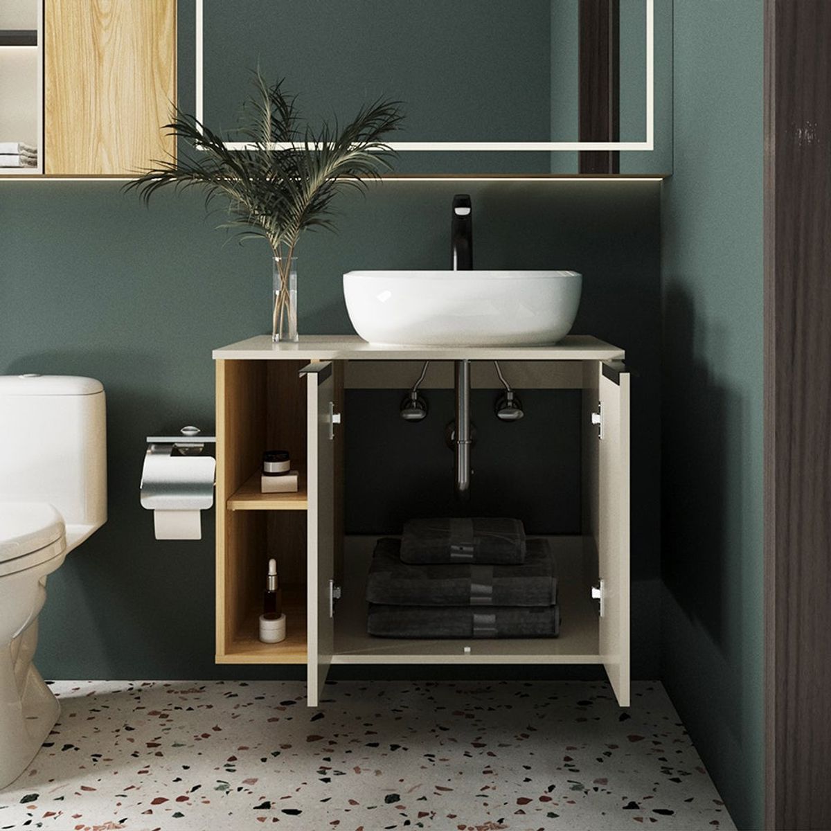 RTA DESIGN - Mueble Para Lavamanos Suns Capri y Fresno Europeo Incluye Lavamanos Corona en Porcelana Sanitaria