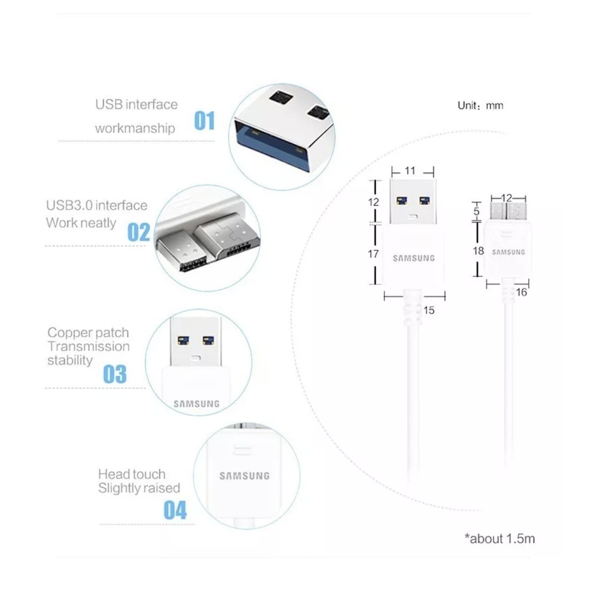 GENERICO - Cable Samsung Para Disco Duro O Smartphone 3.0 - Blanco