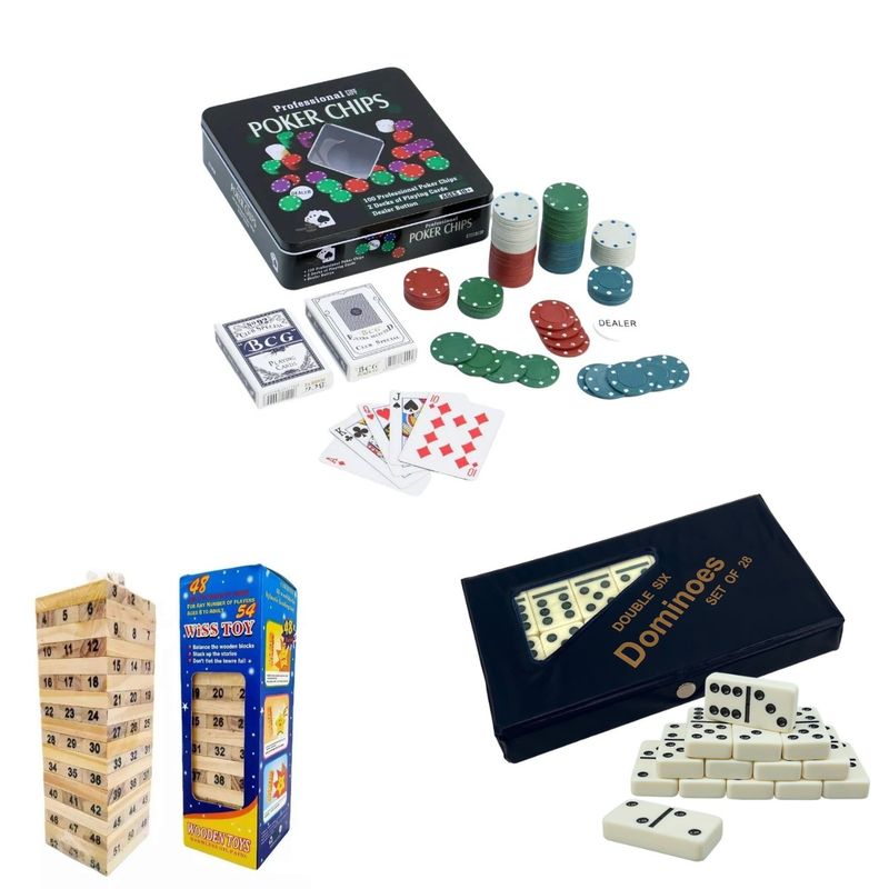 GENERICO - Set De Póker + Jenga + Dominó Combo Juegos de Mesa Familiar