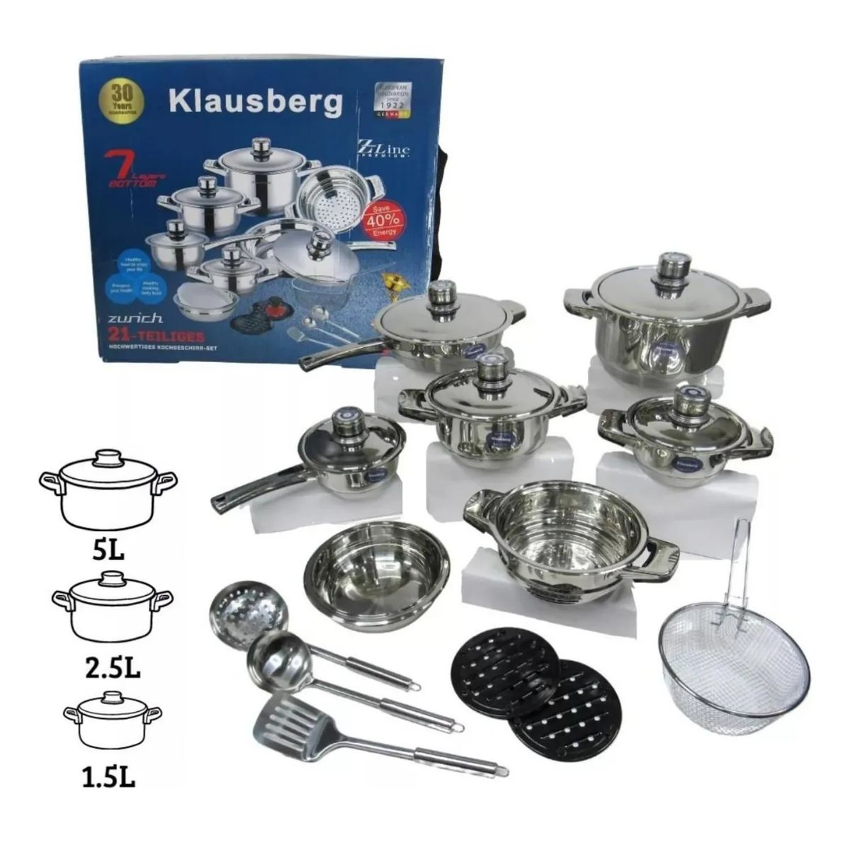 AMERICAN GENERICS - Juego De Ollas Acero Quirúrgico Bateria De Cocina Klausberg 21 Pcs