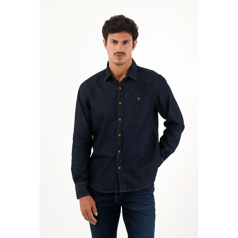 TENNIS - Camisa azul manga larga en índigo liviano para hombre