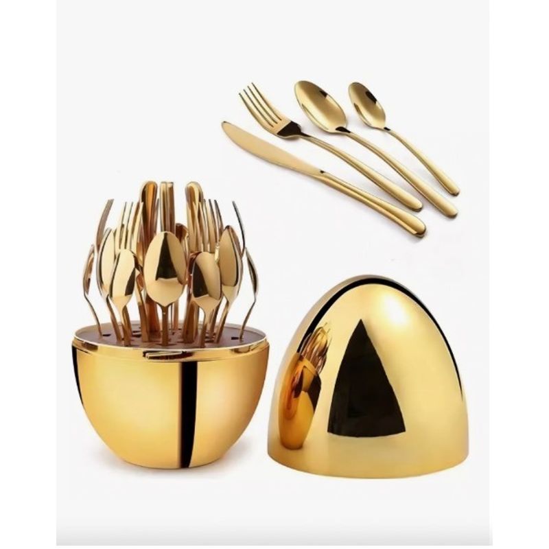 GENERICO - Juego De Cubiertos 24pcs Acero Inoxidable Dorado Gold Estuche Huevo