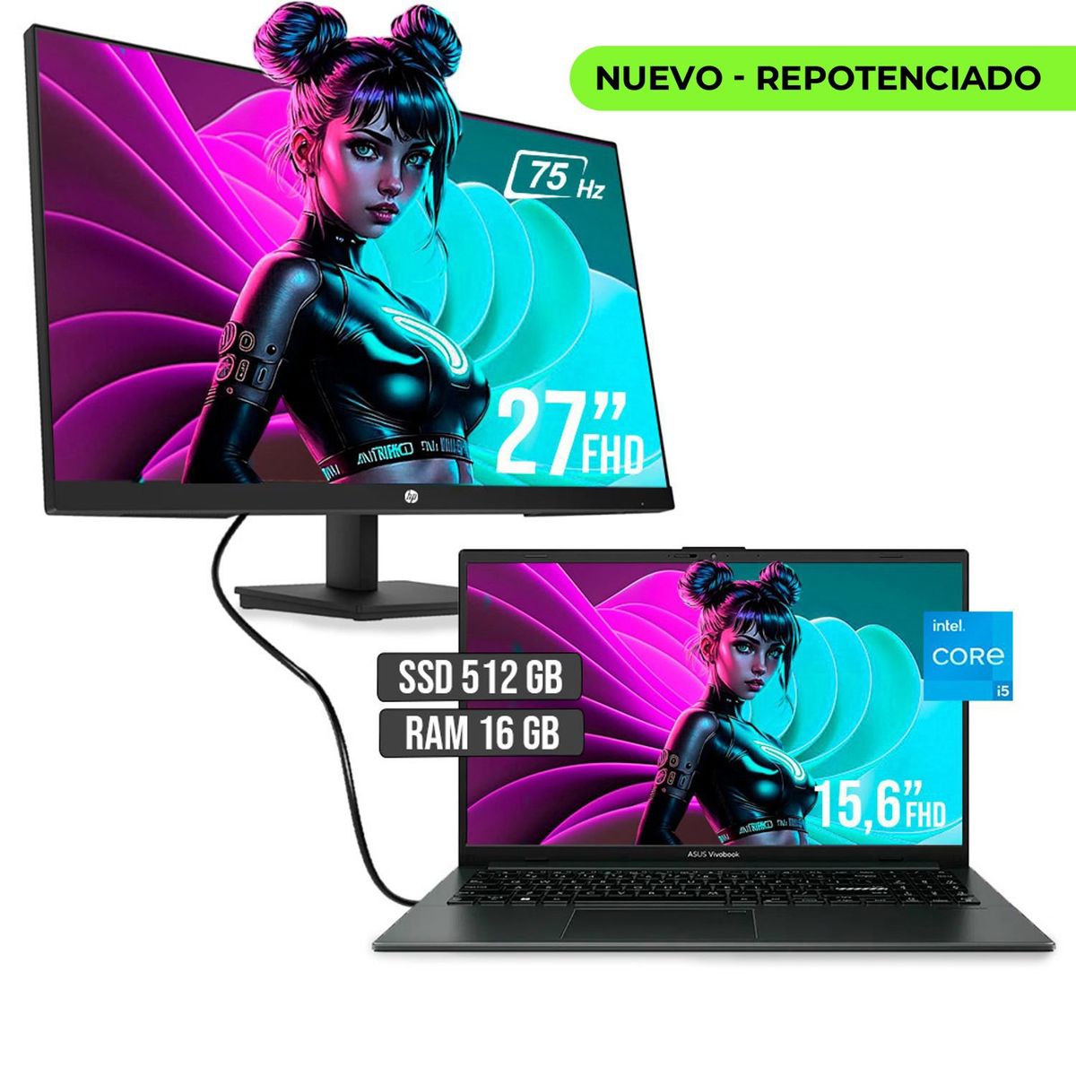 ASUS - PORTATIL ASUS INTEL CORE I5 12500H SSD 512GB RAM 16GB LED 15,6 + MONITOR HP 27" FHD