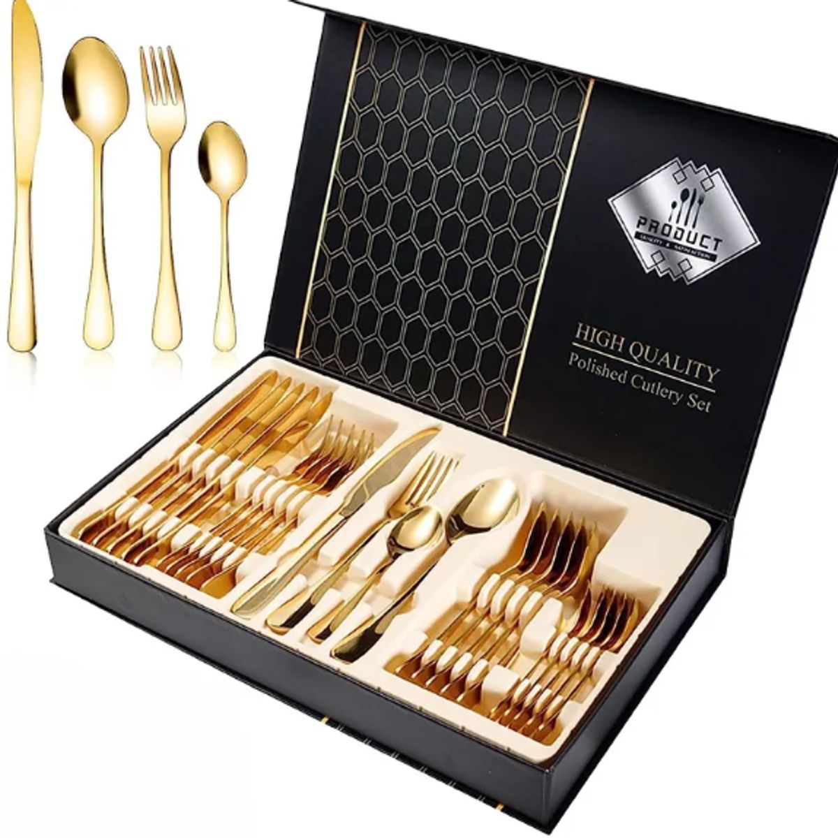 SHEN HUANG - Juego De Cubiertos Set 24 Piezas Acero Inoxidable Dorado