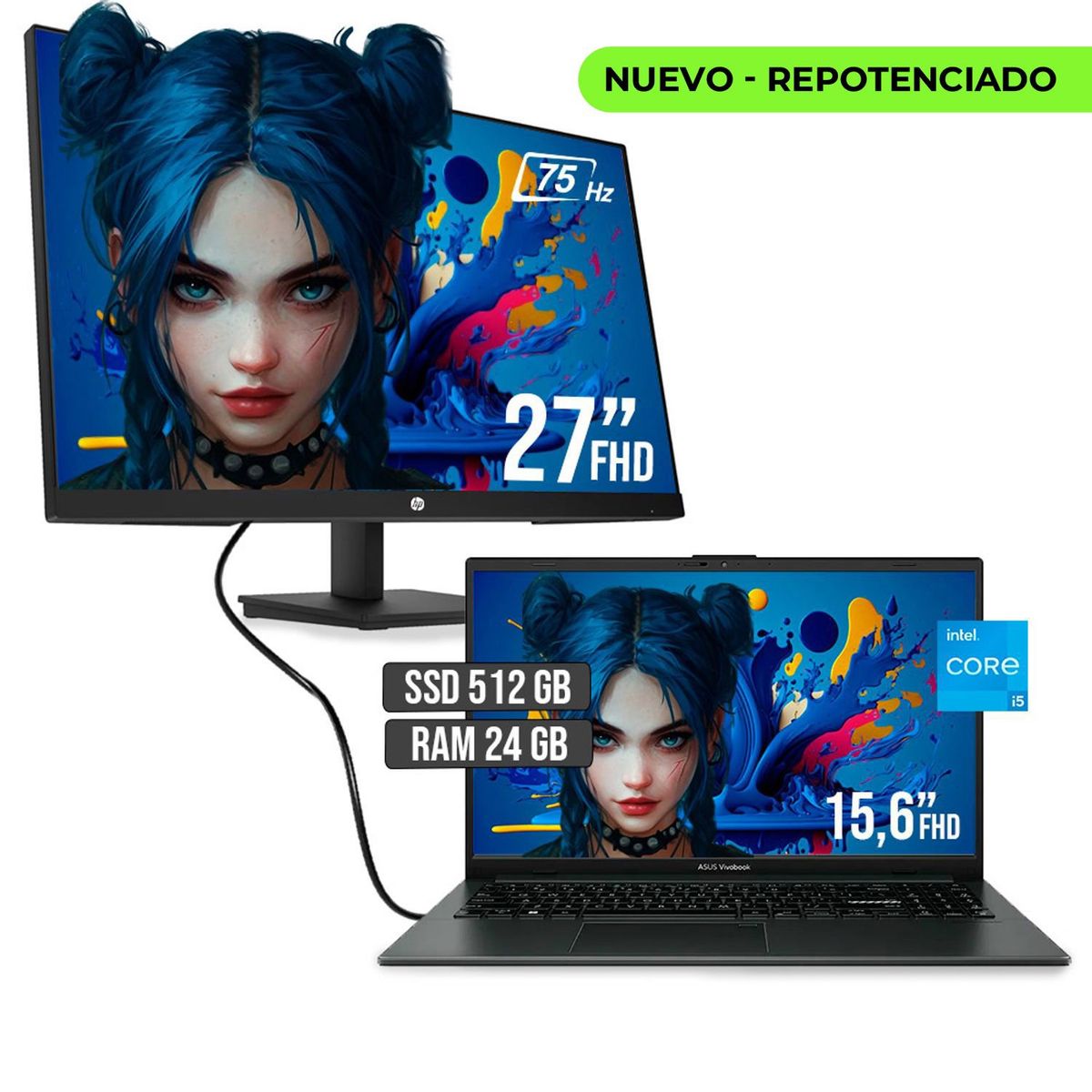 ASUS - PORTATIL ASUS INTEL CORE I5 12500H SSD 512GB RAM 24GB LED 15,6 + MONITOR HP 27" FHD