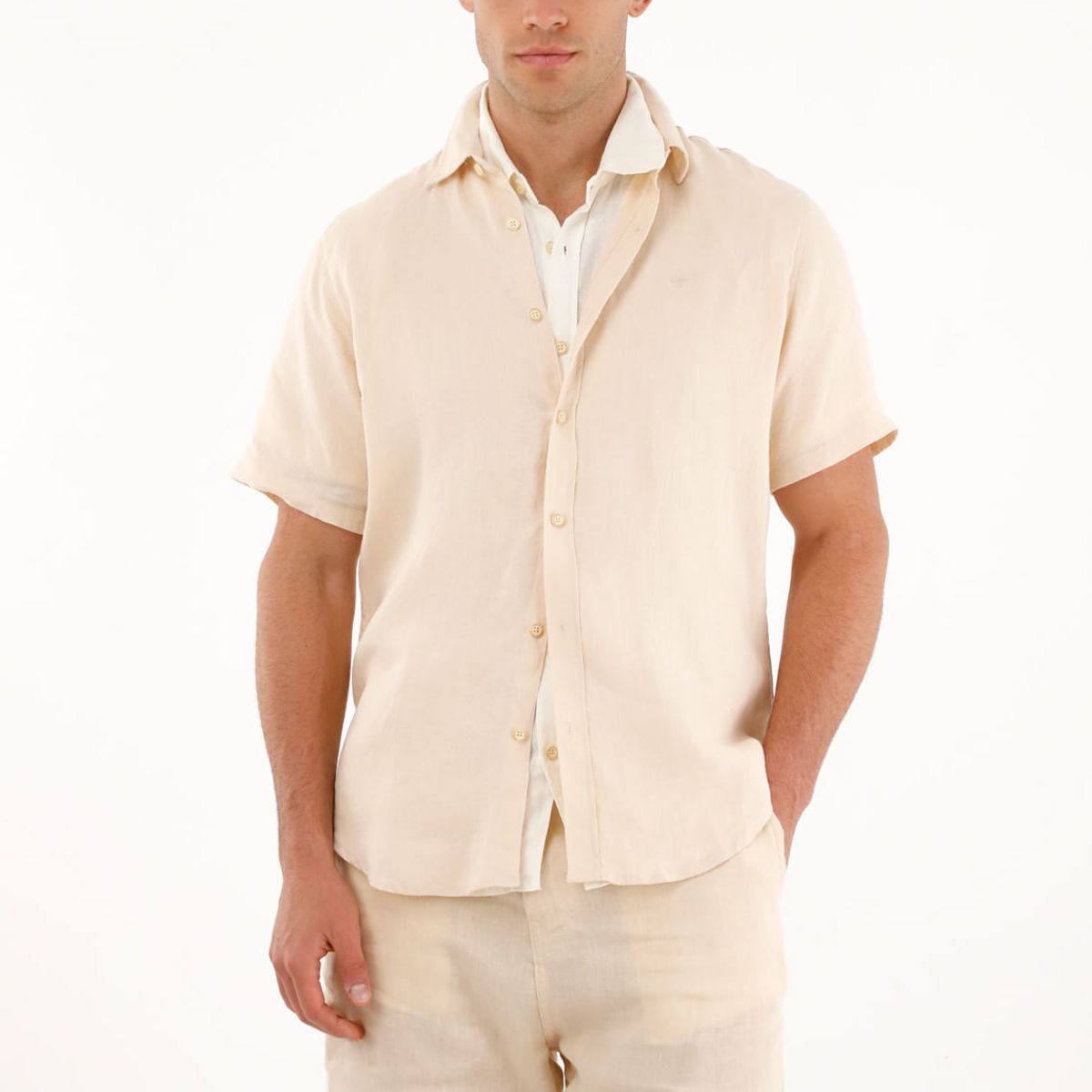 TENNIS - Camisa manga corta en 100% lino crudo para hombre