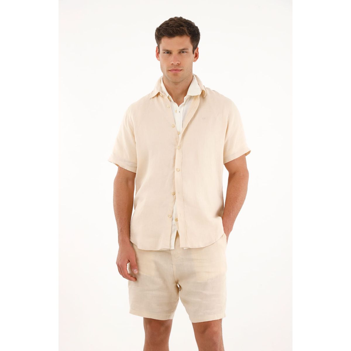 TENNIS - Camisa manga corta en 100% lino crudo para hombre