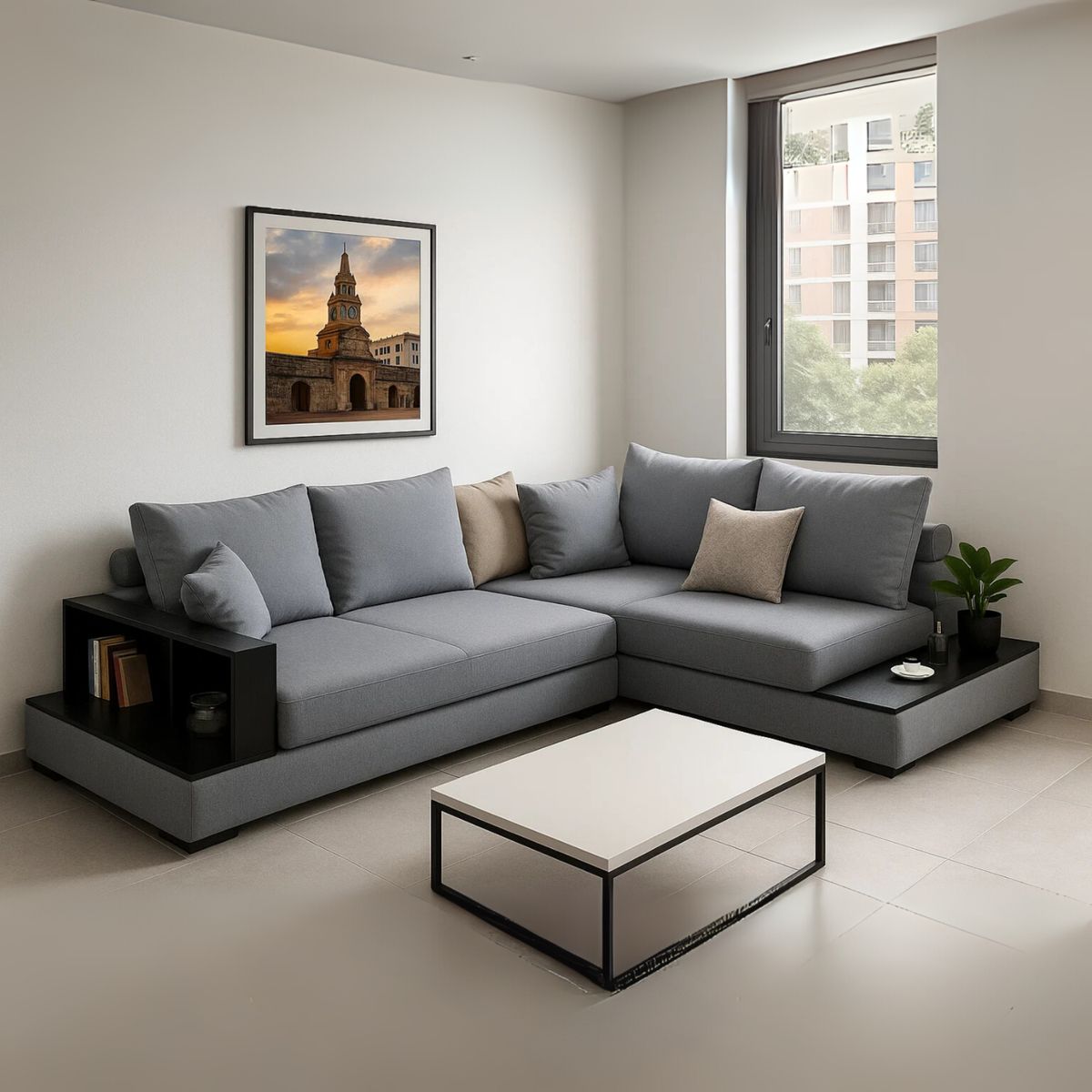 GENERICO - Sofá en L Andri Tela Antifluidos 300x80x75 Gris 4 Puestos