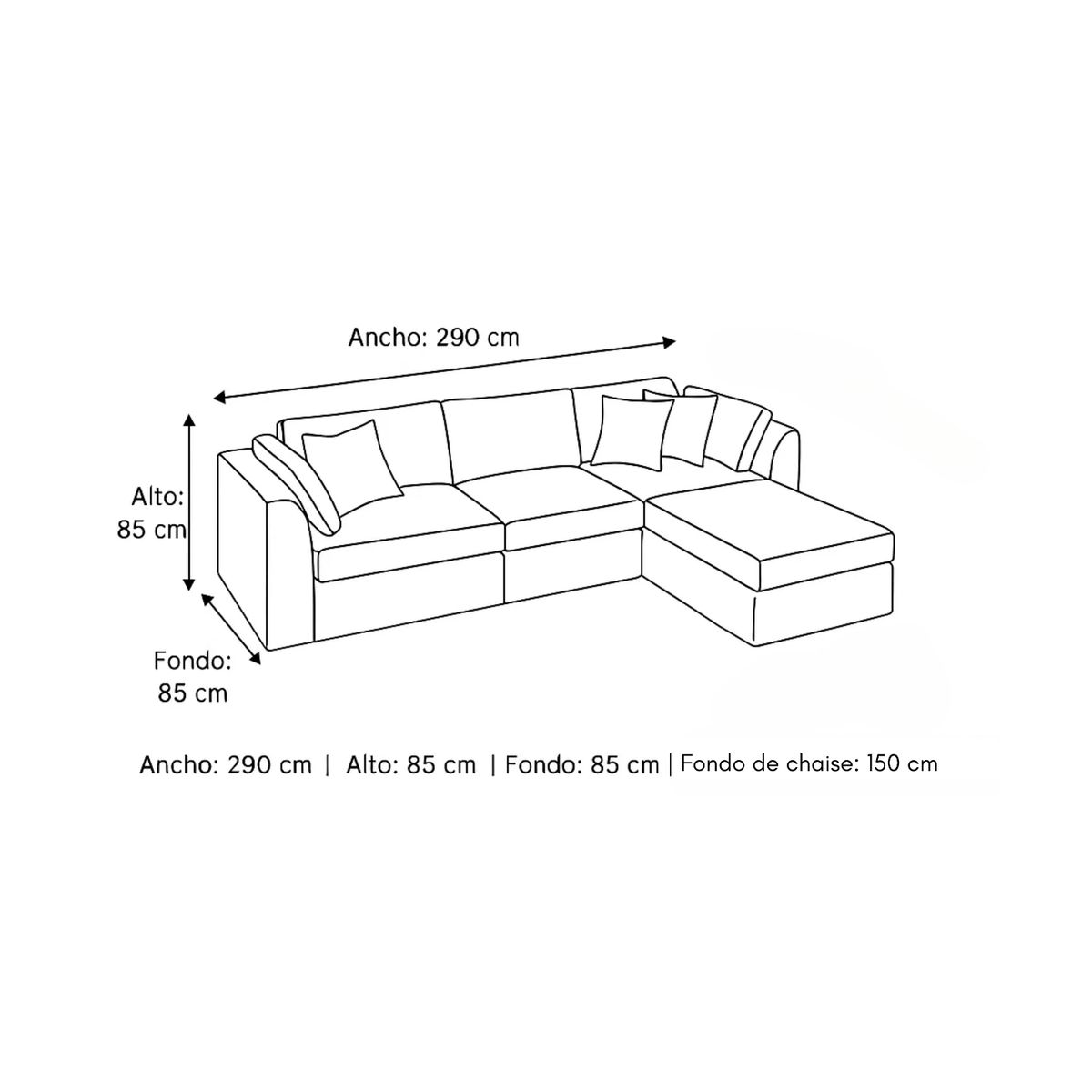 GENERICO - Sofá en L Derecho Bryan Tela Antifluidos 290x80x85 Negro 4 Puestos