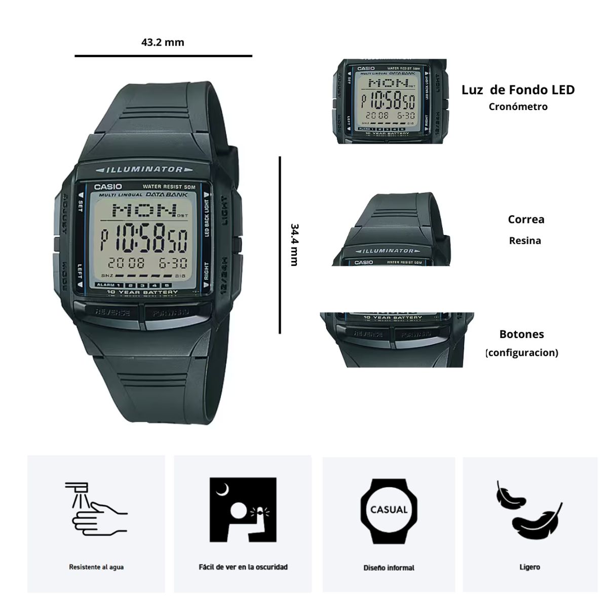 CASIO - Reloj Casio DB-36-1A Estilo Vintage